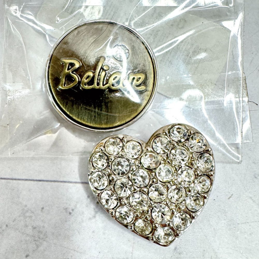 Lot of 2 Magnolia and Vine Snap Button Charms Pave Heart Believe 18mm One NEW